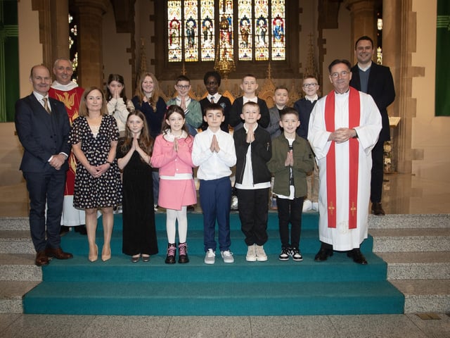 Children from Mr. Quinn’s P7 class at Rosemount P.S. who received the Sacrament of Confirmation from Fr. Paul Farren at St. Eugene's Cathedral, on Friday afternoon last. Included is Fr. Sean Doherty, Mr. Paul Bradley, Principal and Mrs. Geraldine McCafferty, Classroom Assistant. (Photo: Jim McCafferty Photography