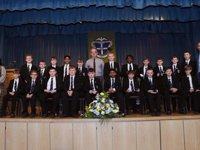 Year 8 Academic prizewinners 2022 2023 pictured at the St. Columb’s College Annual Prizegiving with Mrs C McLaughlin, Vice Principal, Mr T McGonigle, Senior Teacher and Mr D Marlow, Year Head. (Photos: Jim McCafferty Photography)