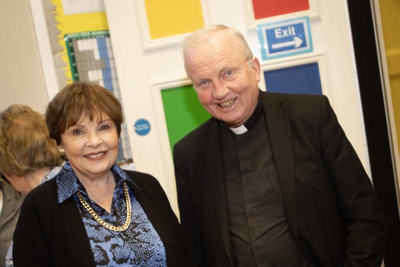 Dana pictured with Bishop Donal McKeown at St. Eugene's Primary School during the opening of the new playgrounds.