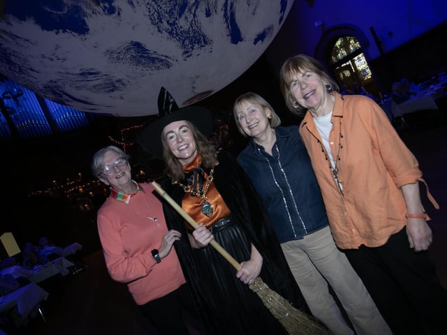 The Mayor, Grace Ui Niallais pictured with some visitors from Magherafelt during Monday's Halloween Tea Dance in the Guildhall.