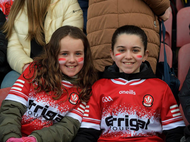 Fans at Derry’s game against Dublin, in Celtic Park, on Saturday. Photo: George Sweeney