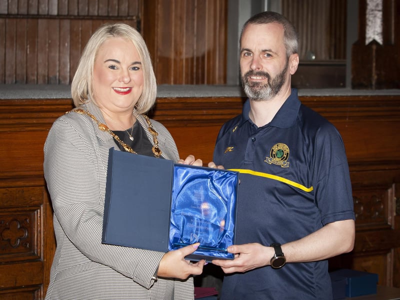 The Mayor, Sandra Duffy making a special presentation to Marty Crumley, chairman, Don Bosco FC to mark the club’s 50th Anniversary, during Friday’s Mayoral Reception.