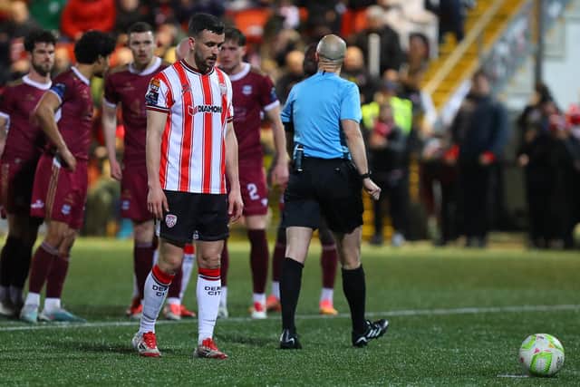 Michael Duffy focusses on the ball as he prepares to take the second half penalty which earned Derry City a draw against Galway. Kevin Moore/MCIphoto