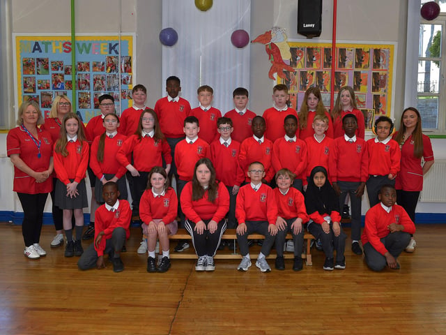 Mrs Crossan’s P7 class and classroom assistants at Rosemount Primary School.