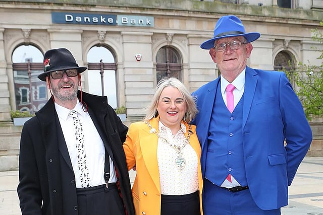 Mayor Sandra Duffy gets her photo taken with brother Eddie and John before they head in to the Guildhall for the Jazz Festival Local Legends Concert. (Photo - Tom Heaney, nwpresspics)