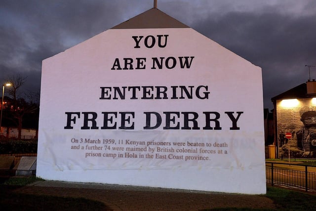 One of the projected images, on Free Derry Corner on Thursday evening, of the British colonial past from the ‘The Sun Never Set And The Blood Never Dries’ art project created by Art Everywhere.  The event was part of Bloody Sunday 51 anniversary. Photo: George Sweeney. DER2305GS – 112