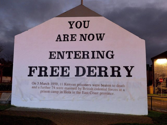 One of the projected images, on Free Derry Corner on Thursday evening, of the British colonial past from the ‘The Sun Never Set And The Blood Never Dries’ art project created by Art Everywhere. The event was part of Bloody Sunday 51 anniversary. Photo: George Sweeney. DER2305GS – 112
