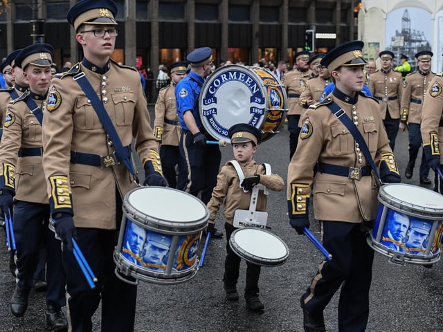 Cormeen Rising Sons of William band on parade in Derry city centre on Saturday as part of the Apprentice Boys of Derry’s annual ‘Shutting of the Gates’ celebrations. Photo: George Sweeney