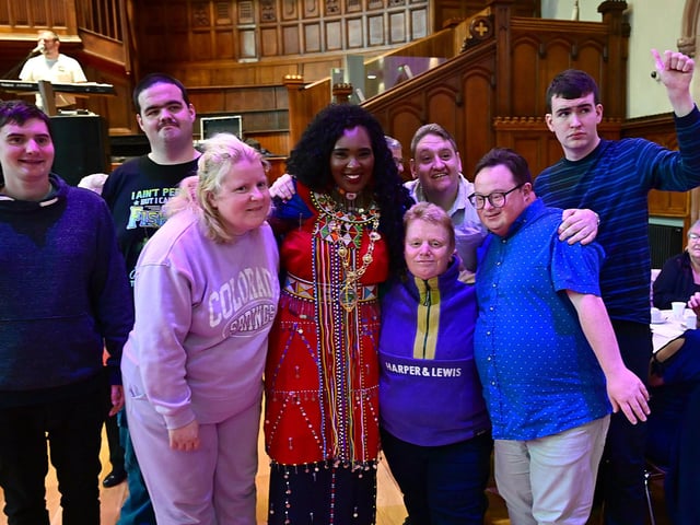 The Mayor Councillor Lilian Seenoi-Barr pictured with young people from New Horizons in Strabane as she hosted an Afrobeat Tea dance in the Guildhall which blended traditional waltzes with a selection of upbeat tunes bringing people to their feet on the dance floor of the main hall. Picture Martin McKeown. 09.10.24