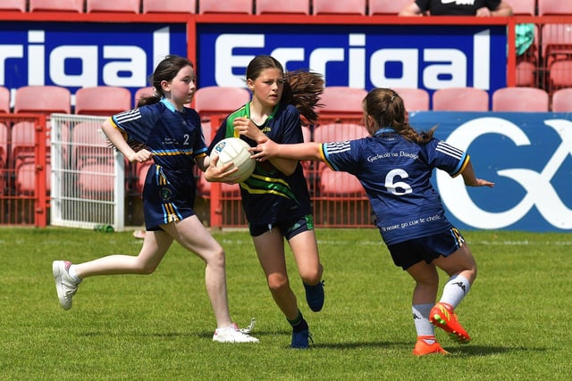 Gaelscoil na Daróige take on Long Tower in the Tower Cup Girls' finals. Photo: George Sweeney.  DER2321GS – 147