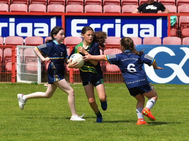 Gaelscoil na Daróige take on Long Tower in the Tower Cup Girls' finals. Photo: George Sweeney. DER2321GS – 147