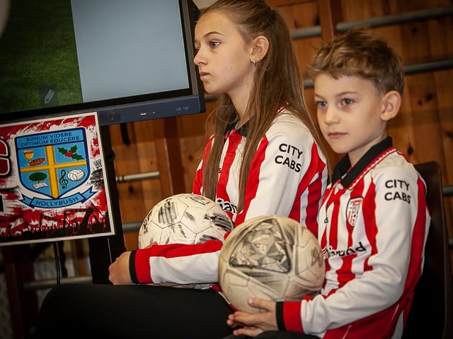 Derry City supporters, Hollybush pupils and their dad is none other than Derry City manager Mark Connolly. (Photos: Jim McCafferty Photography)