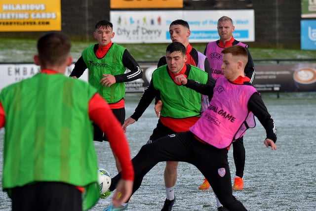 Derry City players training at a snowy Ryan McBride Brandywell Stadium on Monday afternoon. Picture by George Sweeney. DER2304GS-08