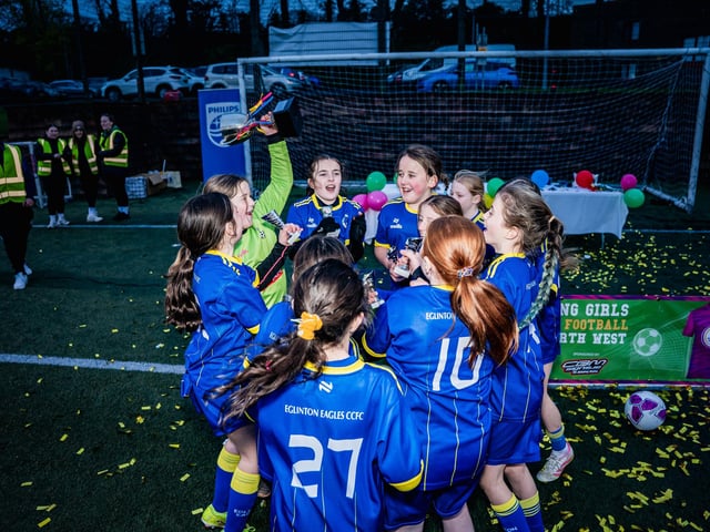 Eglinton Eagles celebrate their cup win at the inaugural North West U12 Charity Cup at Ulster University's Duncreggan Road pitches. (Photo: Rodi Jeerasoo)