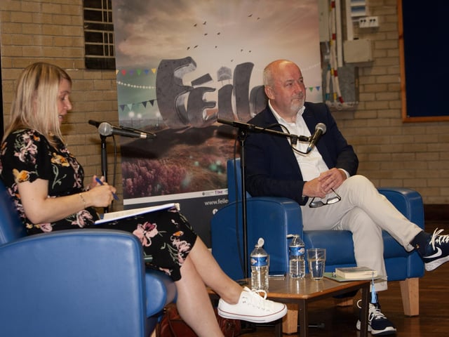 Freya McClements, Irish Times Northern Editor, pictured with journalist and author Brian Rowan at Pilot's Row on Thursday evening. The Feile 23 event was about his '25 Pieces' exhibition.