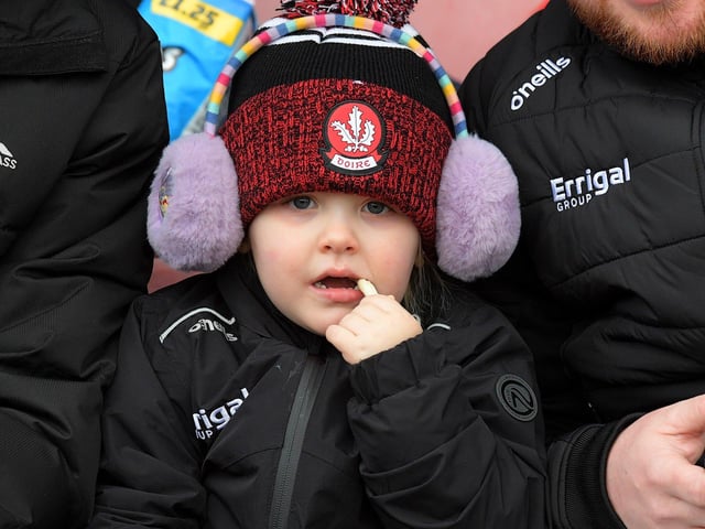 Fan at Derry’s game against Dublin, in Celtic Park, on Saturday. Photo: George Sweeney