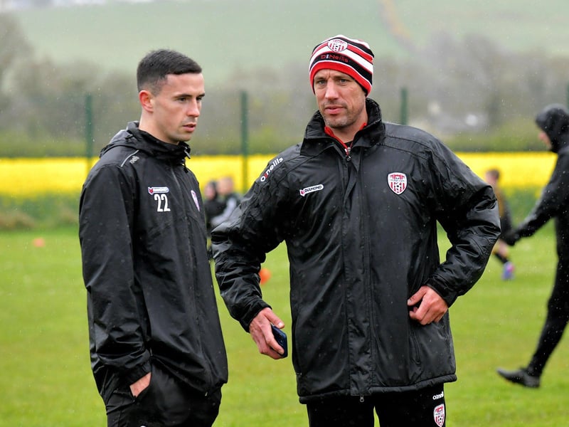 Derry City midfielder Jordan McEneff and coach Mark McChrystal, were coaching at the Easter Soccer Camp held at Broadbridge Primary School. Picture: George Sweeney. DER2315GS – 131