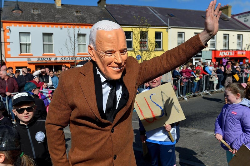 'President Joe Biden' took part in the Easter Monday parade in Carndonagh. Photo: George Sweeney.  DER2315GS – 65