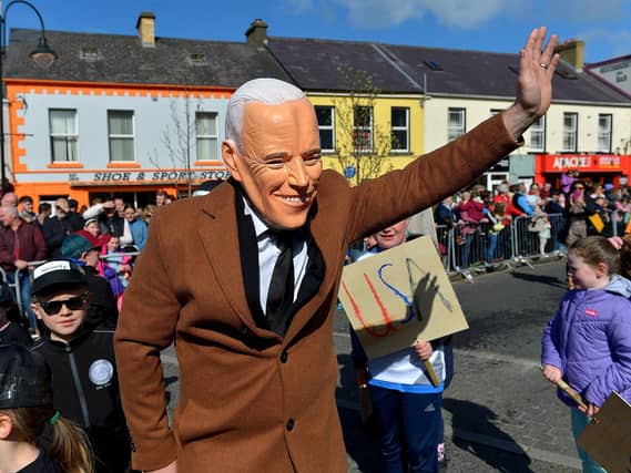 'President Joe Biden' took part in the Easter Monday parade in Carndonagh. Photo: George Sweeney. DER2315GS – 65