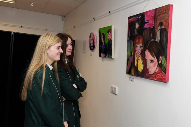 Year 14 students St Cecilia’s College, pictured at the launch of the International Women’s Day 2024 Art Exhibition at Eden Arts Place, Pilot’s Row on Thursday afternoon last.  The exhibition features the work of three past pupils from the school. Photo: George Sweeney