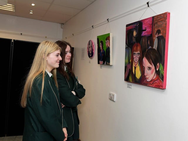 Year 14 students St Cecilia’s College, pictured at the launch of the International Women’s Day 2024 Art Exhibition at Eden Arts Place, Pilot’s Row on Thursday afternoon last.  The exhibition features the work of three past pupils from the school. Photo: George Sweeney