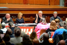 National Union of Journalists president Pierre Vicary addressing the attendance at a public meeting, held in the Guildhall on Wednesday evening, opposing proposed cuts to jobs and services at BBC Radio Foyle. Included in the photograph are Séamus Dooley NUJ assistant general secretary, Felicity McCall journalist, writer and broadcaster and Niall McCarroll, chair of Derry Trades Union Council. George Sweeney. DER2301GS – 24