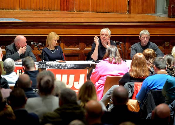 National Union of Journalists president Pierre Vicary addressing the attendance at a public meeting, held in the Guildhall on Wednesday evening, opposing proposed cuts to jobs and services at BBC Radio Foyle. Included in the photograph are Séamus Dooley NUJ assistant general secretary, Felicity McCall journalist, writer and broadcaster and Niall McCarroll, chair of Derry Trades Union Council. George Sweeney. DER2301GS – 24