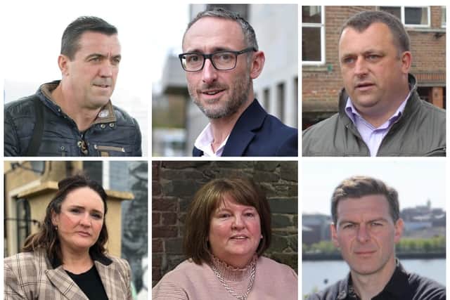 Clockwise from top left: Elected representatives Paul Gallagher, Rory Farrell, Gary Donnelly, Shaun Harkin, Niree McMorris and Aisling Hutton.