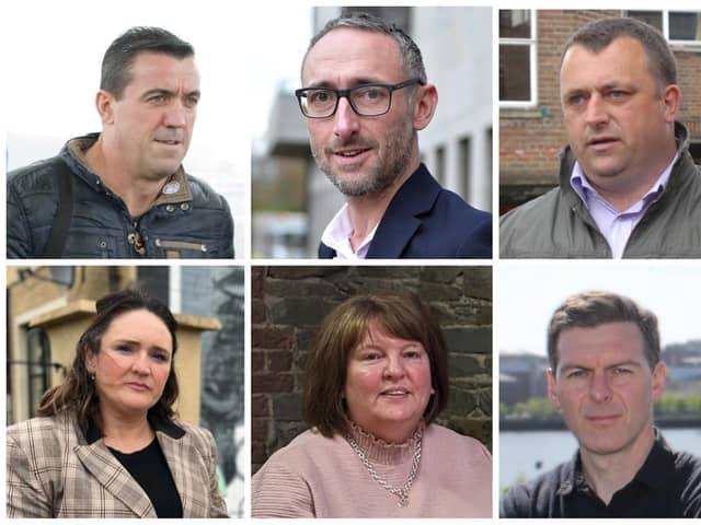 Clockwise from top left: Elected representatives Paul Gallagher, Rory Farrell, Gary Donnelly, Shaun Harkin, Niree McMorris and Aisling Hutton.
