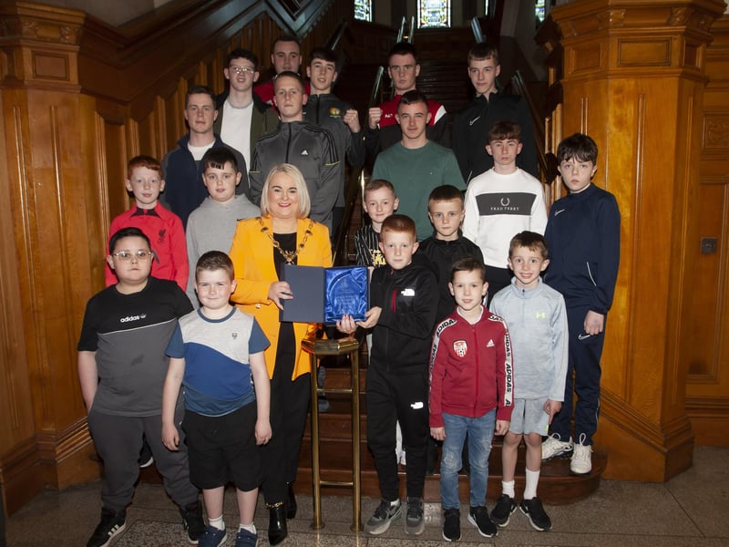 The Mayor of Derry City and Strabane District Council, Sandra Duffy makes a special presentation to junior members of St. Joseph’s Boxing Club to mark the club’s celebration of 30 years in existence, during a reception in the Guildhall on Thursday night last.