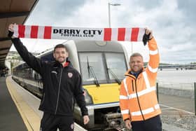 Derry City goalkeeper, Tadhg Ryan, along with Stephen Boyd, Senior Customer Service Coordinator at Translink.