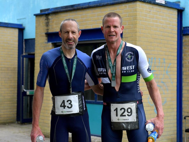 2023 Liam Ball Triathlon winner Paul Carroll (43) and second placed Sean McLaughlin (129).