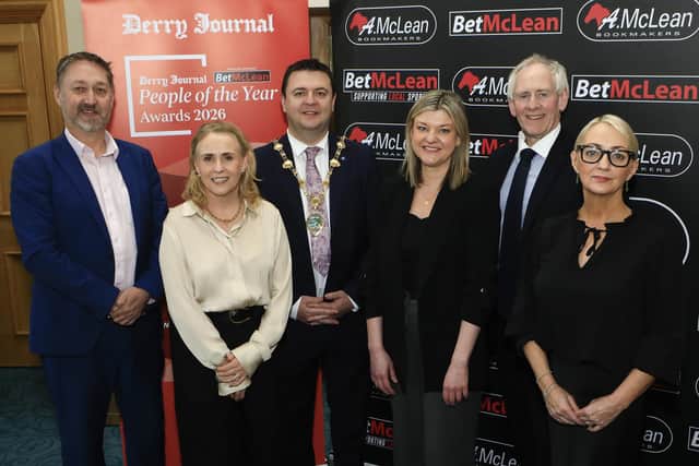 Mayor Ruairí McHugh at the launch of the Derry Journal Bet McLean "People of the Year Awards 2026" which takes place on Thursday, May 21st in the Everglades Hotel. Included from left, are Steve Frazer, City of Derry Airport, Andrea Shepherd, Ulster University, and from right, Jacqui Diamond, Derry Journal, Paul McLean, "BetMcLean", and Erin McFeely, Alchemy. (Photo - Tom Heaney, nwpresspics)
