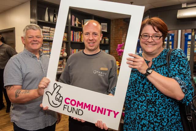 Min McCann, Project Coordinator, Liberty Consortium, Conor O’Donnell volunteer in Thrift Charity Shop and Kate Beggs, NI Director, The National Lottery Community Fund
