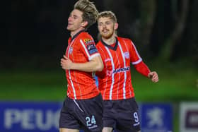 Ollie O'Neill celebrates his goal against UCD at the Belfield. Photograph by Kevin Moore.