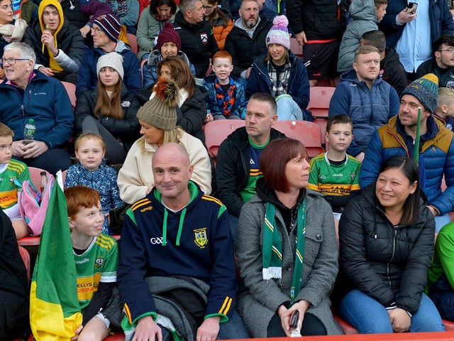 Fans of Watty Graham’s, Glen pictured at the SFC final game against Slaughtneil, in Celtic Park, on Sunday afternoon. DER2243GS – 012