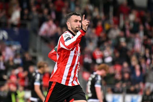 Michael Duffy celebrates after scoring his side's second goal, a penalty, during the Club Orange Men’s FAI Cup quarter-final match between Derry City and Dundalk at The Ryan McBride Brandywell Stadium in Derry. Photo by Ben McShane/Sportsfile