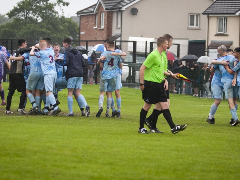 Institute players rush to celebrate their penalties victory over Derry City in the u-17 Foyle Cup on Friday night at Oakland Park, Derry.