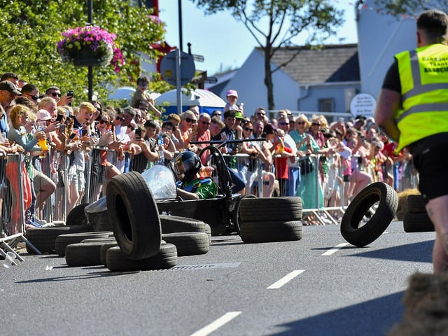 There were spills and thrills during the Carndonagh Festival Soapbox Derby held on the town centre on Saturday afternoon. Photo: George Sweeney