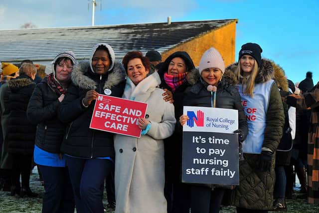 December 2022: Royal College of Nurses members, campaigning for fair pay and conditions, take part in industrial action at Altnagelvin Hospital. Photo: George Sweeney. DER2250GS - 42