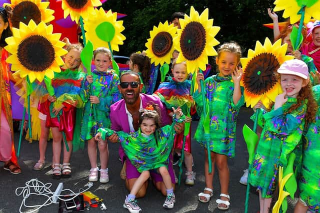 Grand Marshall, Derry’s own Micky Doherty, pictured participants at the Inishowen Pride Parade held in Buncrana on Sunday afternoon. Photo: George Sweeney. DER2322GS - 21