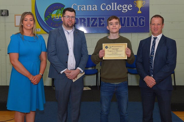 Rory Campbell, winner Young Technologist Competition, pictured at the annual Crana College Prize Giving on Friday afternoon last with Ms Clare Bradley (BOM), on the left, Mr Dean Harron, guest speaker and Mr Kevin Cooley principal. Photo: George Sweeney DER2246GS - 101