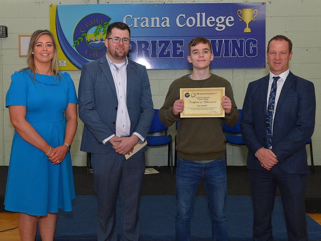 Rory Campbell, winner Young Technologist Competition, pictured at the annual Crana College Prize Giving on Friday afternoon last with Ms Clare Bradley (BOM), on the left, Mr Dean Harron, guest speaker and Mr Kevin Cooley principal. Photo: George Sweeney DER2246GS - 101