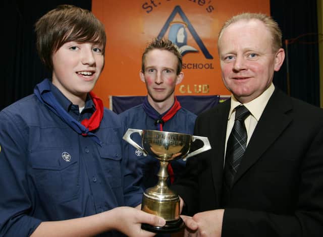2007: Martin McCrossan presenting St Eugene's Scout Jack McCallion with the Scout of the year award at the groups recent Prizegiving evening.  Also in photo is Group Leader mark Taylor.  (2610JB07)