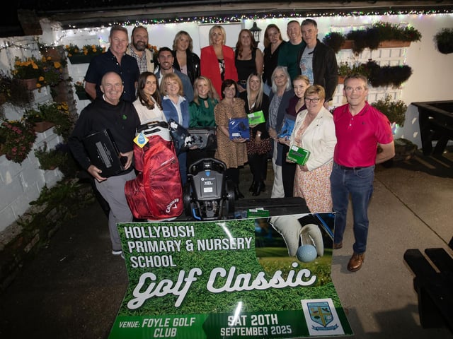 Staff, governors, sponsors and supporters from Hollybush PS pictured at the prize celebrations in The Squealing Pig on Saturday night. (Photos: Jim McCafferty Photography)