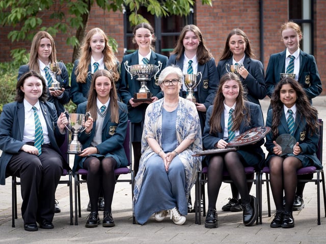 Top Performing Student in Each Subject
Front Row: Arthur Moore, Sarah Drinan, Mrs Siobhan Porter (Chair of the Board of Governors), Roisin O’Donnell, Elena Perchani
Back Row: Katie Simpson, Zoe Duffy, Faustina Collins, Sara Lindsay, Clodagh Barr, Nicole McCafferty