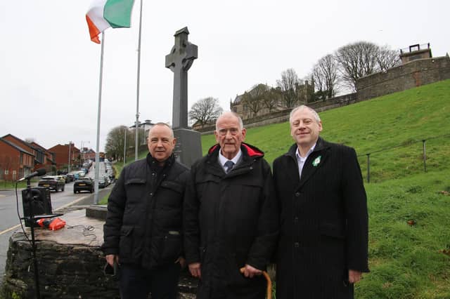 Martin Duffy, Vice President Republican Sinn Féin, Lurgan, Michael McGonigle, Honorary Vice President Republican Sinn Féin and Sean Scott, Vice President Republican Sinn Féin, Galway pictured The Seán Keenan Annual Commemoration at Fahan Street. (Photo - Deirdre Heaney, nwpresspics)