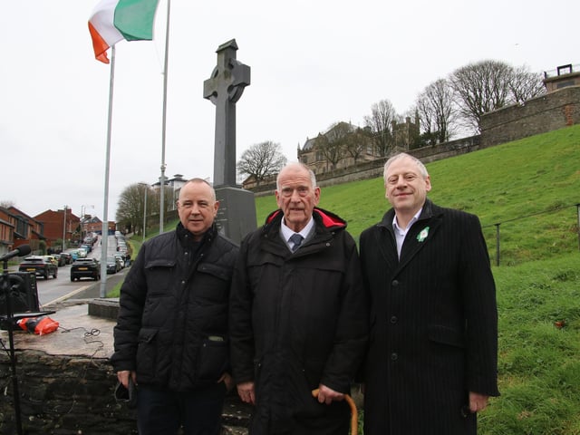 Martin Duffy, Vice President Republican Sinn Féin, Lurgan, Michael McGonigle, Honorary Vice President Republican Sinn Féin and Sean Scott, Vice President Republican Sinn Féin, Galway pictured The Seán Keenan Annual Commemoration at Fahan Street. (Photo - Deirdre Heaney, nwpresspics)
