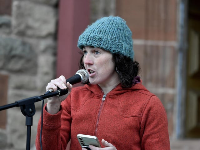 Maeve O'Neill, Foyle Pride Committee, speaking at the Celebration of Migrant Workers rally held in Guildhall Square on Sunday afternoon. Photo: George Sweeney