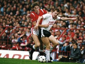Steve Nicol of Liverpool is challenged by Norman Whiteside of Manchester United during a First Divsion match at Old Trafford on October 9, 1985 in Manchester, England. (Photo by Mike King/Allsport/Getty Images)